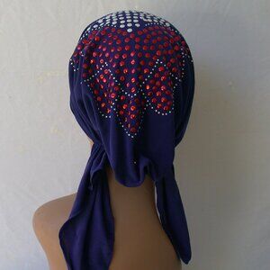BLUE Pre-Tied Stud Chemo Cap Slip On Bonnet Hijab Undercap #1